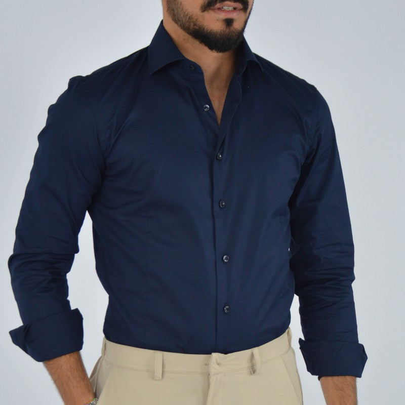 camicia uomo in cotone collo francese blu