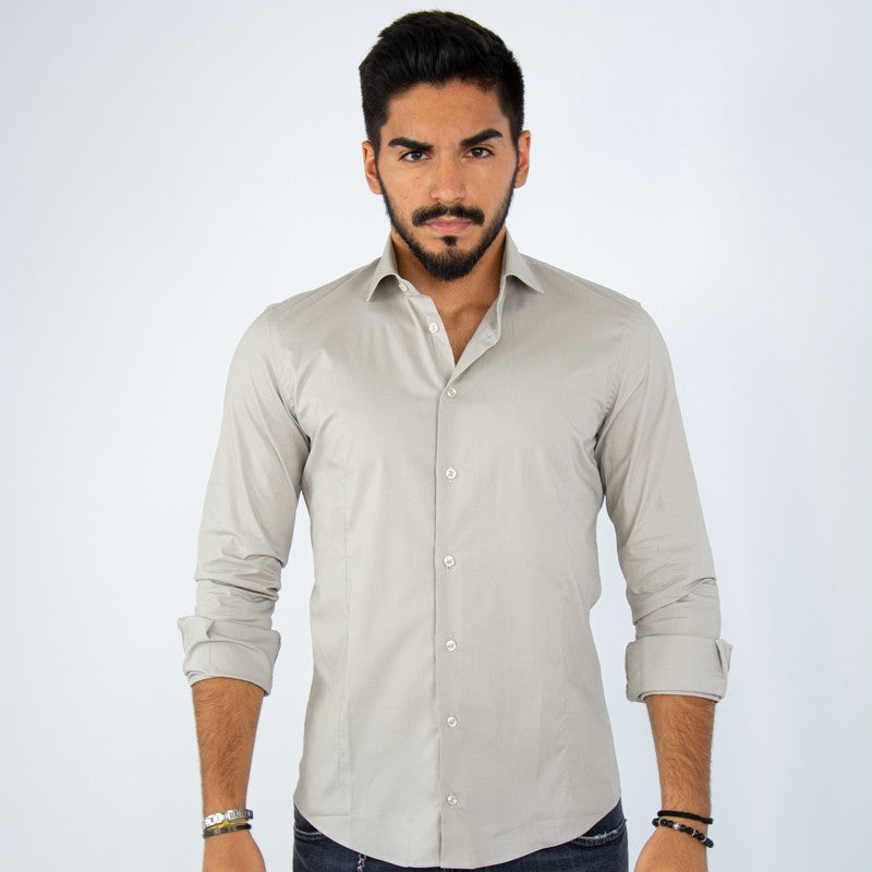 camicia uomo in cotone collo francese beige