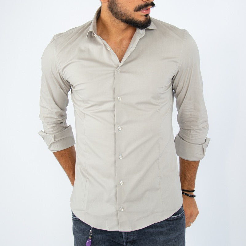 camicia uomo in cotone collo francese beige