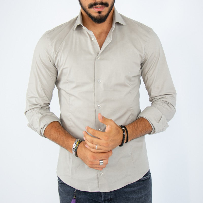 camicia uomo in cotone collo francese beige